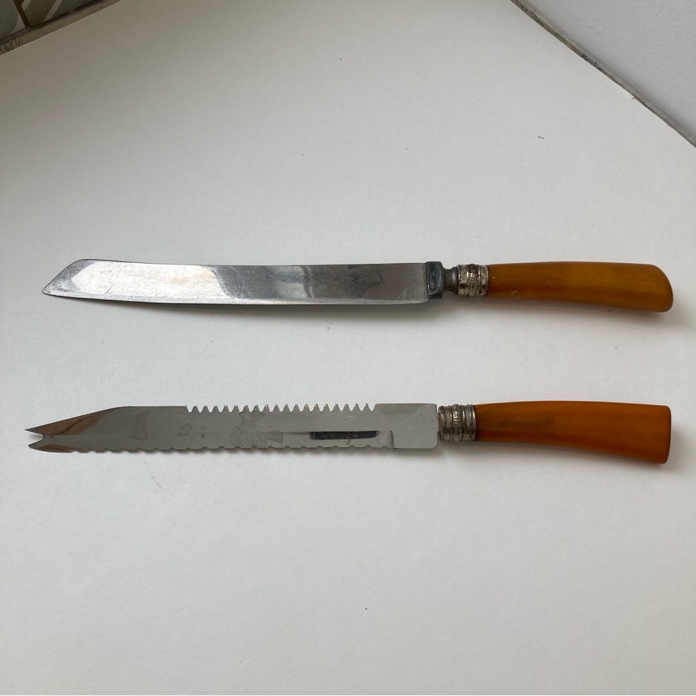 Elegant Silver Dark Orange Kitchen Knives Sheffield Steel Retro Vintage Decor